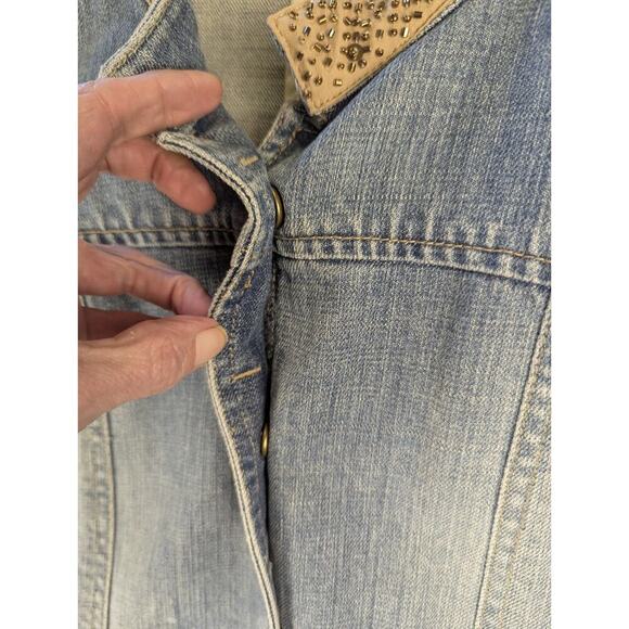 Liz Claiborne 100% Cotton Blue‎ Denim Brown Sequined Jacket Sz L - Picture 6 of 11